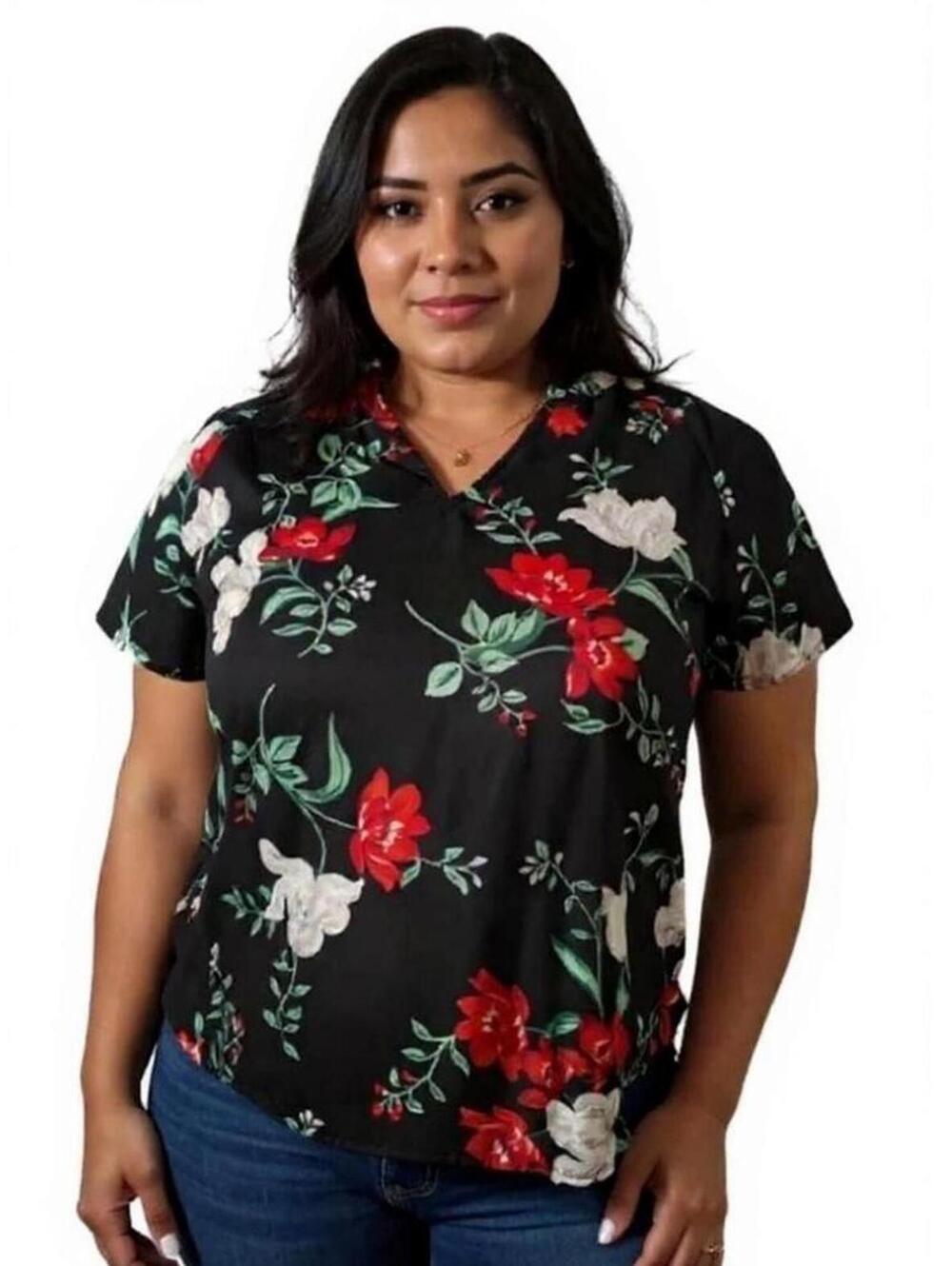 Women's Old Navy Silky Polyester Black Multi Floral RED Loose Fit Flowy Blouse M